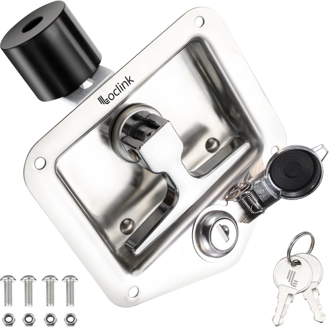 Tool Box Lock with Shock-Absorbing Roller Latch & Zinc Alloy Cover Truck Toolbox Latch Replacement 304 Stainless Steel Folding T-Handle Lock with Keys for RV Camper, Trailer Door, Cabinets