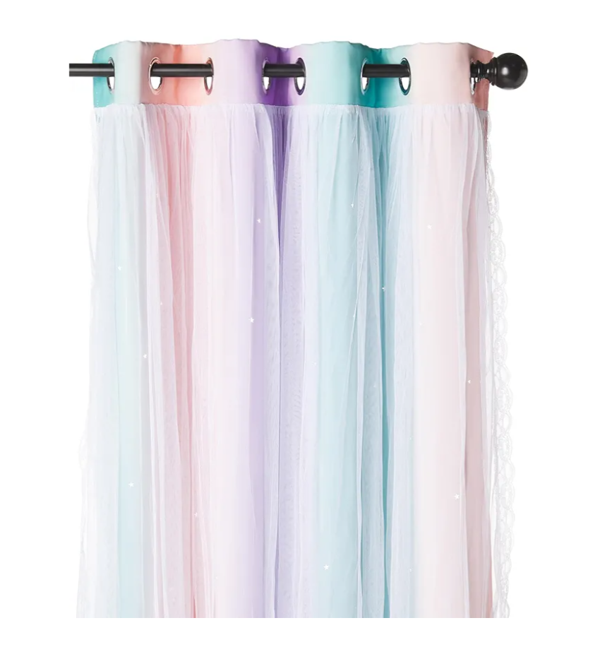 NICETOWN Star Curtain Blackout for Girls Bedroom Kids Room Decor Blackout Drapes with Sheer Nursery Rainbow Curtains Striped Layered, Pink Purple