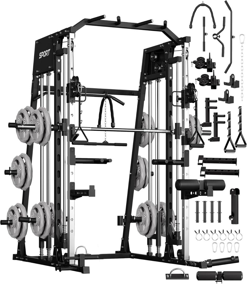 GarveeLife Smith Machine Home Gym All in One, 2200LBS Squat Rack Power Cage with Smith Bar, LAT Pull-Down, Cable Systems, Leg Hold-Down and More Attachments, Workout Equipment (Red Black)
