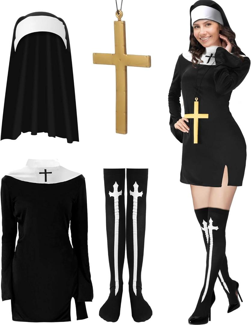 Vabean Halloween Nun Costume Accessories Nun Dress Nun Hat Stockings Gold Cross Pendant Necklace for Women Halloween Cosplay (Large)