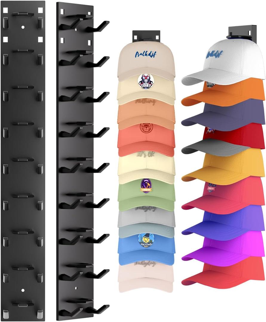 2 Pack Hat Organizer for Baseball Caps, Strong Adhesive Hat Rack for Wall, Multilayer Hat Storage Display Holder, Wall Mounted Hat Hooks Hold up to 18 Hats for Closet Door and Bedroom (Black)