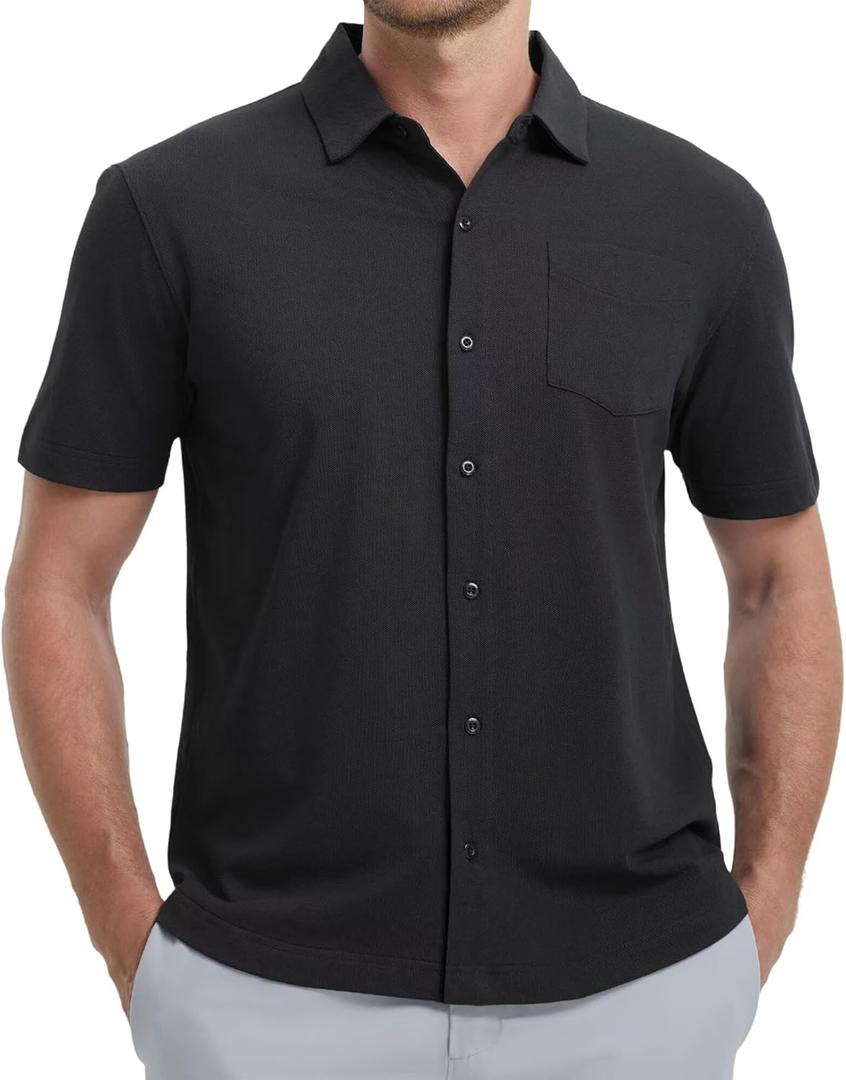 VEBOON Men's Short Sleeve Button Down Shirts Cotton Lightweight Stretch Moisture Wicking Dress Shirt with Pocket (Medium, Black)