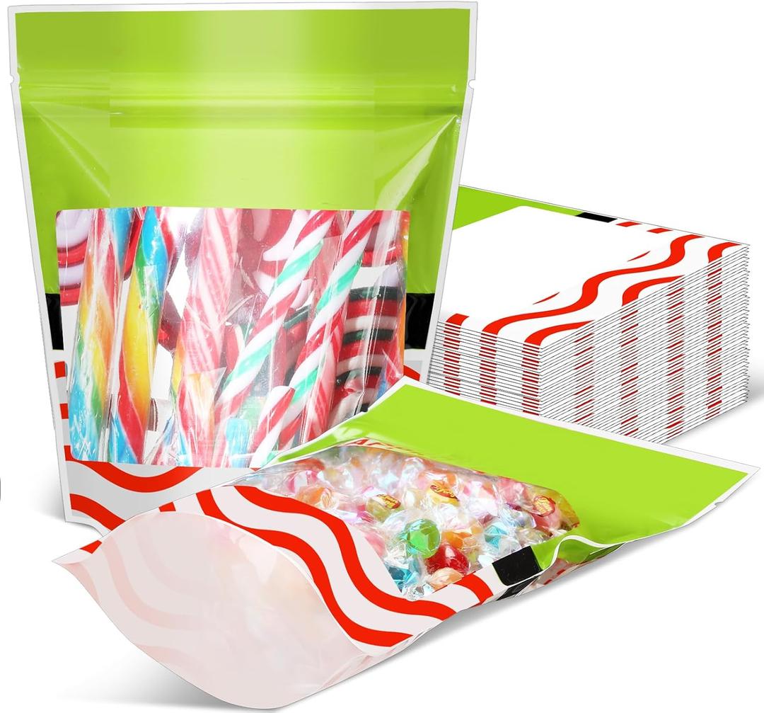 Teenyyou 50 Pcs Christmas Elf Cookie Gift Bags Red and White Stripe Candy Goodies Snack Stand up Pouch Treat Bags with Window for Packaging Xmas Party Favor Supplies, 8 x 6.5 x 2.5 Inch