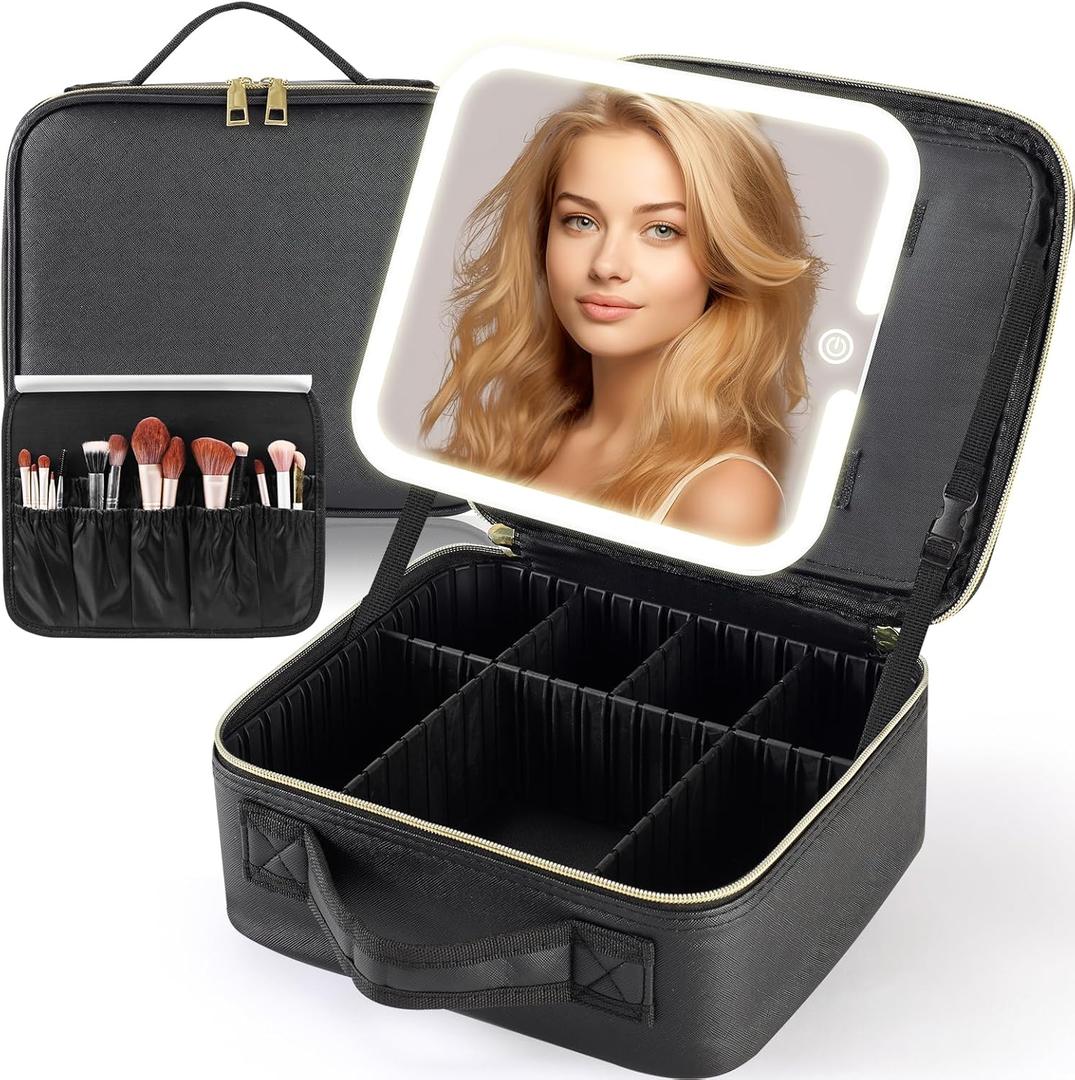 Travel Makeup Bag with LED Mirror,Travel Makeup Organizer with Removable LED Mirror,Makeup Case with Lighted Mirror 3 Color Setting,Black