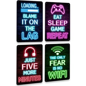 Drsoum Video Gamer Room Decor for Boys Gaming Wall Decor Neon Gaming Room Metal Sign 12 x 8 Inch Set of 4 - Gamer Wall Decor Teenage Boy Room Decor