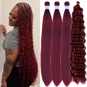Burgundy Red Braiding Hair Pre Stretched for Boho Braids Boho Braiding Hair with Boho Curls 26" to 30" Bundles