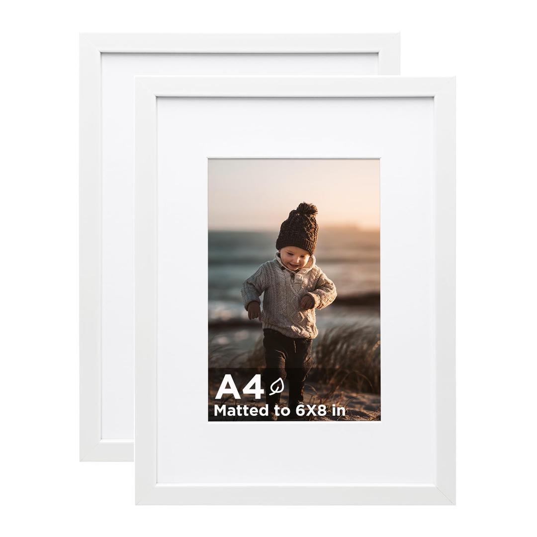 KINLINK A3 Picture Frame White Set of 2, Wooden Photo Frames Matted A4 with Plexiglass for A4 with Mat or A3 without Mat for Wall Display