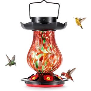 Solar Hummingbird Feeder for Outdoor - 25 fl.oz Hand Blown Glass Hummingbird Feeders for Outdoors Hanging, Large Capacity with Moat, 6 Colors Changing Light Outside Garden Decor (Red)