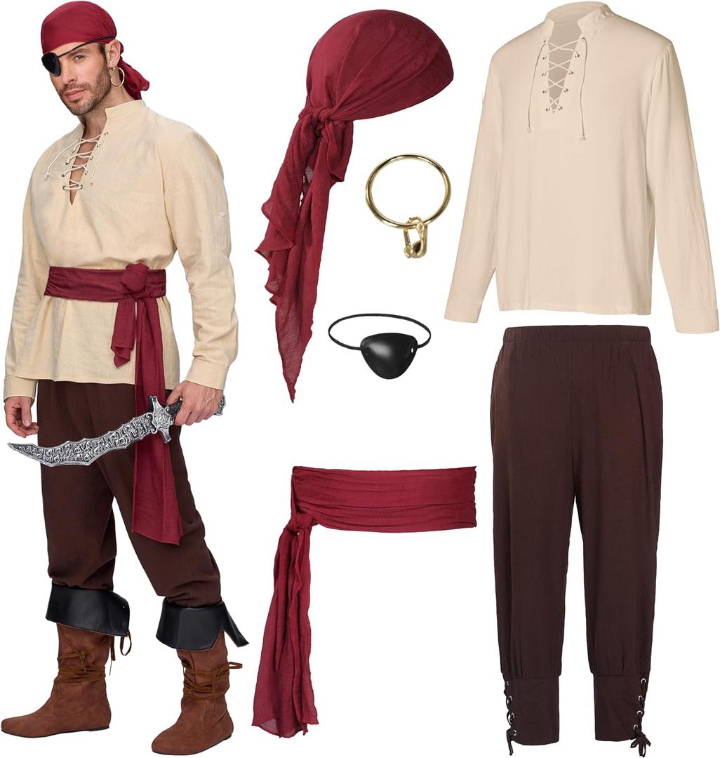 Spooktacular Creations Men Pirate Costume, Adult Halloween Costume Renaissance Medieval Viking Pirate Costume for Cosplay (Large, Beige Brown)