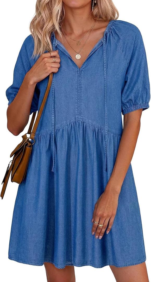 Dokotoo Denim Dress for Women Short Puff Sleeve V Neck Solid Babydoll Jean Dresses (Blue, S)