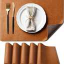 Brown Faux Leather Placemats Set of 6, Waterproof Kitchen Coffee Table Mats for Dining, Reversible PU Placemats in Crazy Horse Look, Oilproof Wipeable Bridle Leather Placemat for Office 12x18 Inch