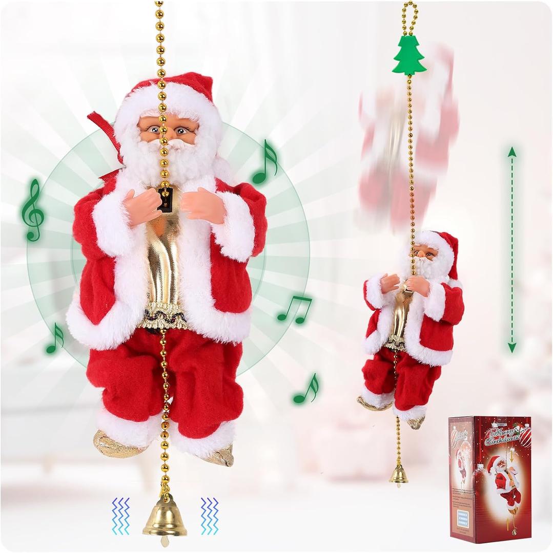 Upgraded Electric Climbing Rope Santa Claus 3 Gears Animated Climbing Christmas Santa Toy Novelty Plush Santa Climbing Rope Musical Ornament for Decoration Gift