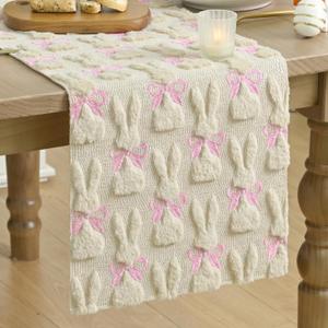 Artoid Mode Beige Soft Plush Faux Fur Jacquard Bunny Bow Easter Table Runner, Spring Holiday Kitchen Dining Table Decoration for Home Party Decor 13x108 Inch