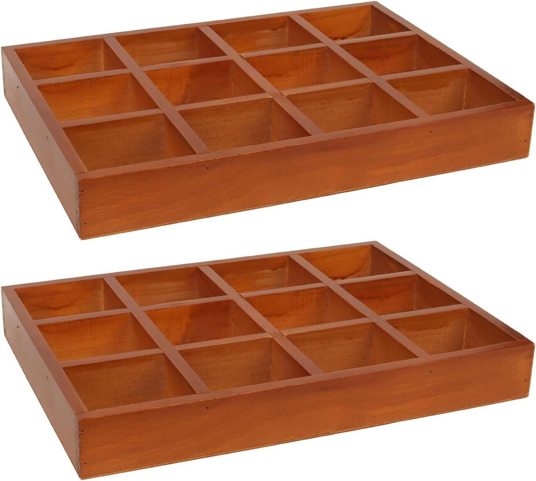 2 Pack Wooden Jewelry Drawer Organizer Trays - 12 Grid Low Profile Divider Inserts for Earrings, Rings, Bracelets & Bangles - 13.2" x 9.3" Wood Display Storage Box Fits Vanity Dresser Drawers