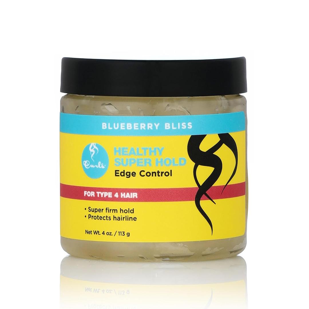 Curls Blueberry Bliss Super Hold Edge Control - 4 oz, Edge Fixer Strong Hold Hair Gel, For Styling Type 4 Hair, Flake-Free Instant Shine, Enriched with Castor Oil, Blueberry Seed Oil, Rosemary Leaf