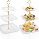 Tebery 2 Pack 3-Tier White Ceramic Embossed Dessert Cake Tower Stand with Gold Carry Handle, Cupcake Stand Serving Trays, Porcelain Party Food Server Display Holder
