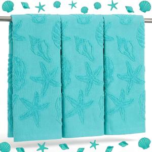 3 Pcs Coastal Hand Towels for Bathroom Ocean Beach Towels 29.5 x 13.7 Inch Decorative Jacquard Bathroom Towel Starfish Shells Dish Washcloth for Kitchen Beach Summer Holiday Gifts (Blue)