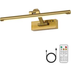 Gold Battery Operated Wall Sconce with Remote - 3CCT Picture Lights for Wall, 270 Rotatable Lamp for Aura Frame Or Under Cabinet Lighting with Remote and Time (16.14-Inch)