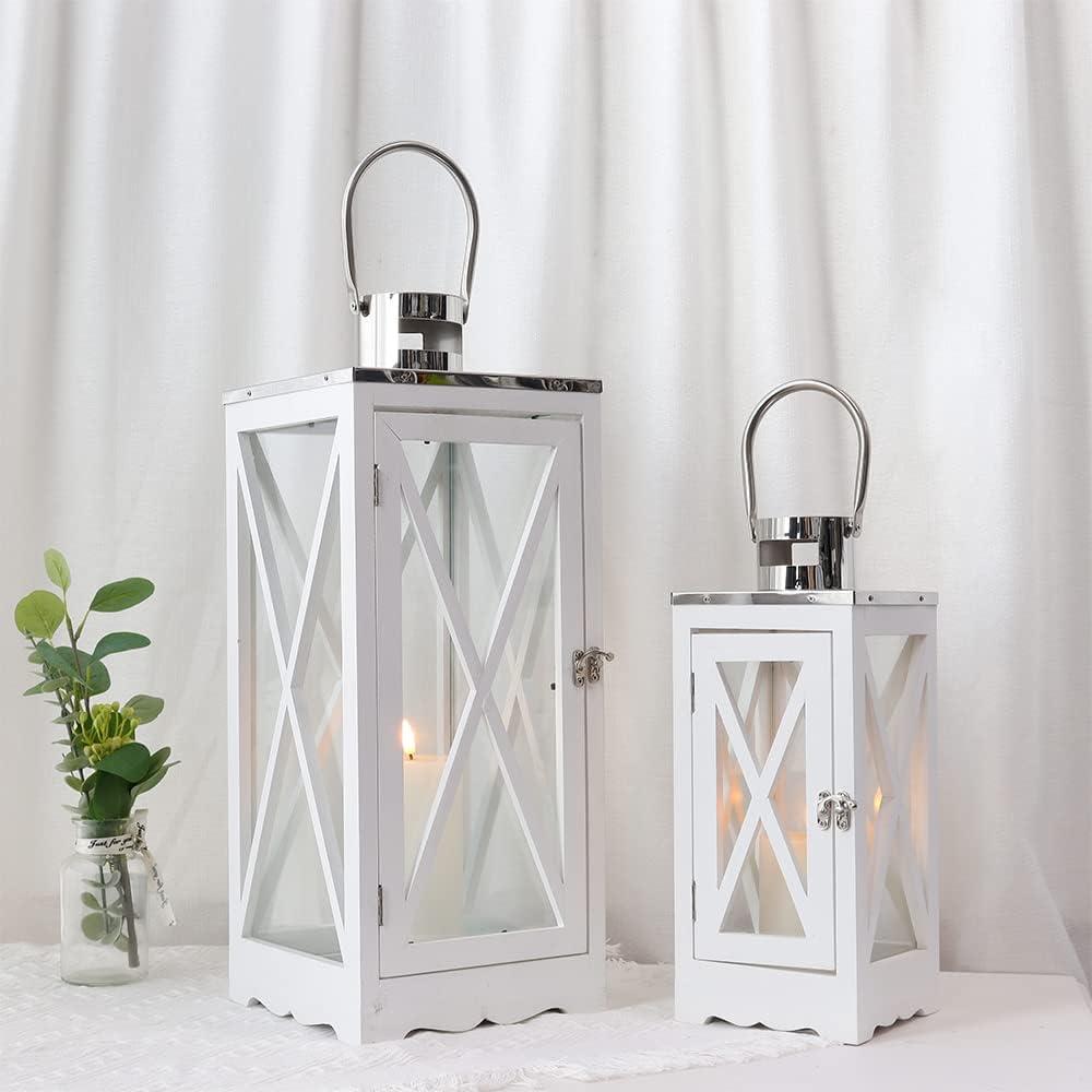 TRIROCKS Set of 2 Farmhouse Wood Lantern 17.5''&24.5'' Metal Decorative Outdoor Lantern with Tempered Glass Rustic Candle Holder for Thanksgiving Christmas Patio Garden Indoor Outdoor(White Rectangle)
