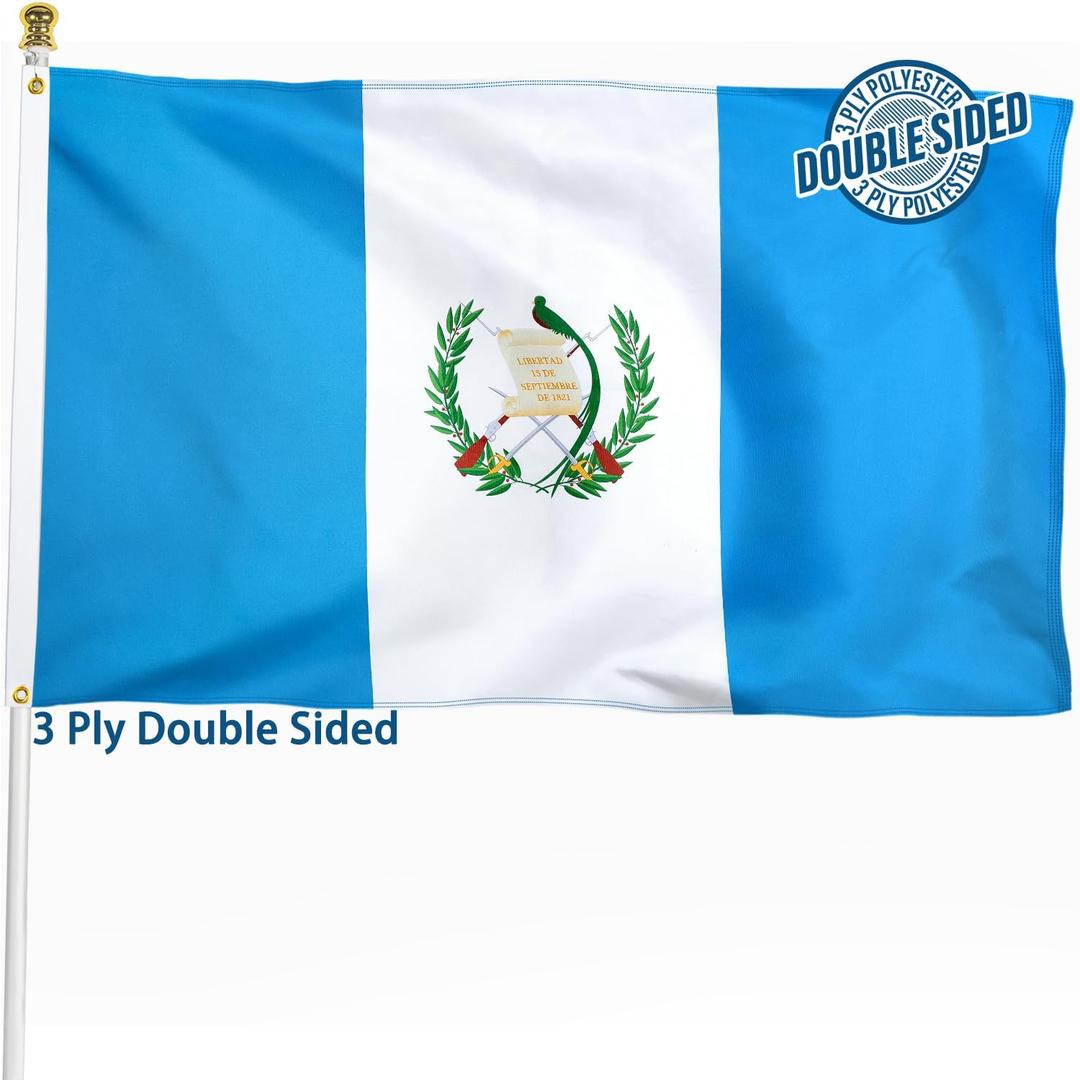 Guatemala Flag 3x5 ft Outdoor  Bandera de Guatemala Guatemalan National Flag, Double Sided 3 Ply Heavy Duty Polyester Banner with Brass Grommets for Home and Outdoor Decoration, 4 Rows Stitching