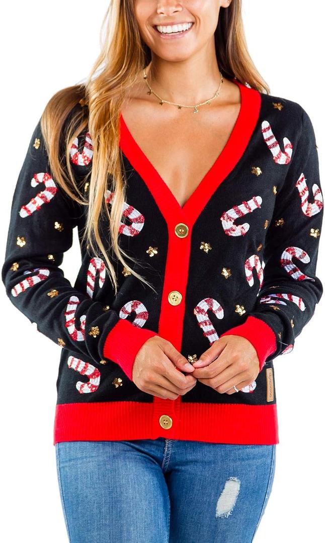 Tipsy Elves Classic Cute Cardigan Ugly Christmas Sweaters for Women with Fun Patterns and Animals (Small, Candy Cane Lane (Black))