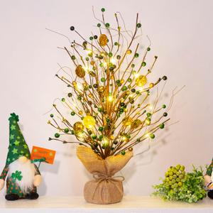 St Patricks Day Tree Decorations, Lighted Artificial Tree Decorations, St. Patrick's Day Table Decor, 20in Shamrock Irish Tabletop Centerpieces Holiday Home Decor with 20 LEDs Lights