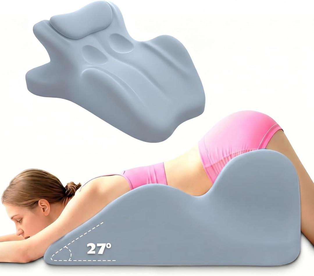 Contoured Support Pillows Ergonomic Memory Foam Wedge Pillow, 27 Angled Support for Waist and Neck, Multi-Position Support Pillow (Blue)
