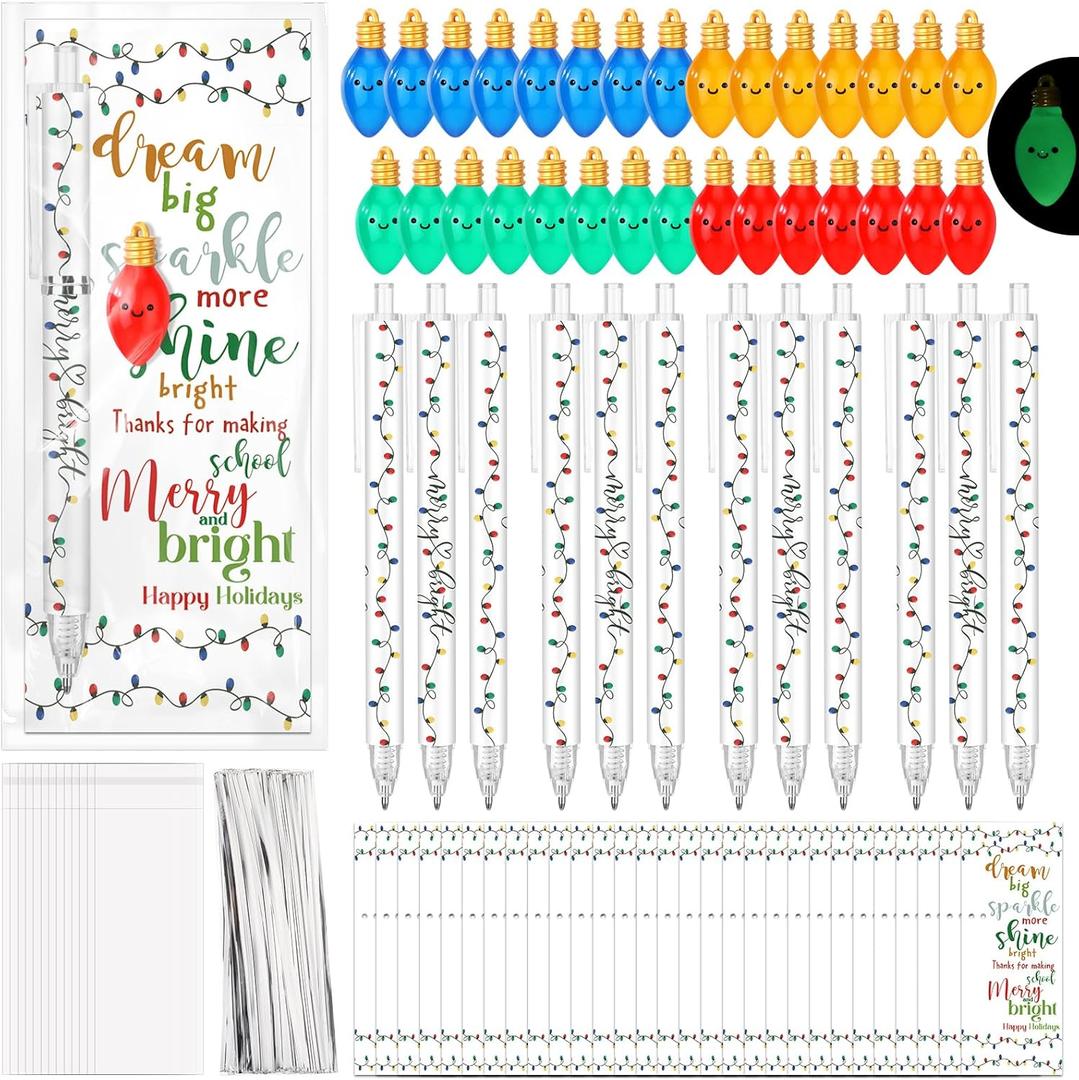 Sayglossy 30 Set School Christmas Gift Bulk Merry Bright Ballpoint Pen Light Bulb Ornament Dream Big Sparkle More Shine Bright Card for Student from Teacher Xmas Holiday Classroom Rewards Prizes Favor