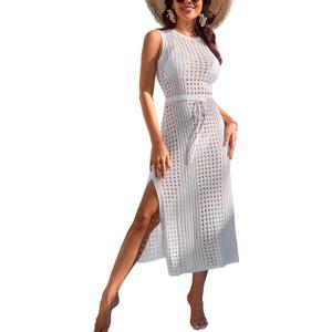 BMJL Womens Swimwear Cover Ups Crochet Hollow Out Long Bathing Suit Coverup Bikini Sleeveless Side Split Beach Dress,medium