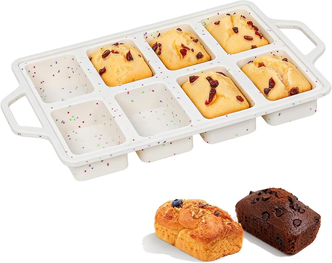 FUNBAKY Metal Reinforced Silicone Mini Loaf Pan, 8-Cavity Nonstick Mini Bread Pans for Baking Bread, Cakes, Brownies, Meatloaf, Jellies Oven Dishwasher Safe