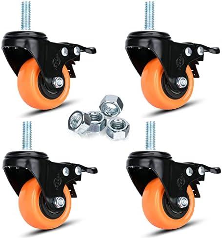 Swivel Caster Wheels 2 Inch Heavy Duty Threaded Stem Casters 3/8"-16x1 Safety Dual Locking Industrial Castors Set of 4 Load Bearing 600 Lbs Caster with Brakes Wheels for Cart, Furniture