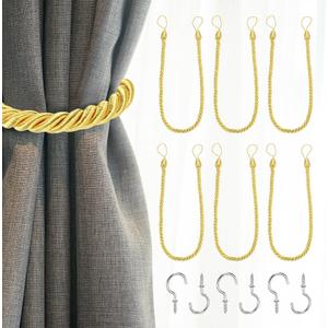 uxcell 6 Pack Curtain Tiebacks, 74cm/29 Braided Drapery Holdback Holder Decorative Rope Tie Back with Metal Screw Hooks for Home Office Decor, Gold
