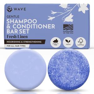 Wave Fresh Linen Shampoo & Conditioner Bar Set - Natural & Organic Moisturizing Vegan Shampoo and Conditioner Bars for Women & Men - Long-Lasting (80-120 Uses)