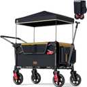 EVER ADVANCED Ultra-Compact Wagon for 2 Kids, Travel Foldable Push Pull Wagon Stroller with Removable Canopy, Adjustable Handles & Harnesses, Black Yellow