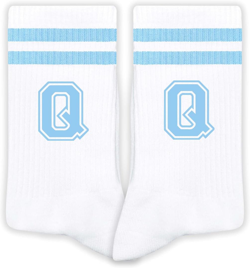 Blue And White-Striped Letter Socks, Sports Socks For Men, Blue Team socks, Friends And Family, Birthday Gift.(Q) (White)