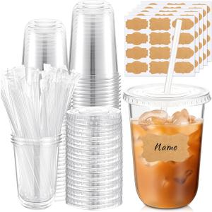 Ziliny 50 Sets Clear Plastic Cups with Lids Straws Disposable Round Bottom Ice Coffee Cups with Label Stickers for Cold Drinks Juice Smoothie Beer Cocktails Coffee Bar Party (16oz)
