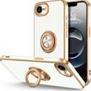 Hython for iPhone 16e Case with Ring Stand, 360 Rotatable Ring Holder Magnetic Kickstand, Plating Rose Gold Edge Soft Cover Protective Phone Case for iPhone 16e 6.1", White
