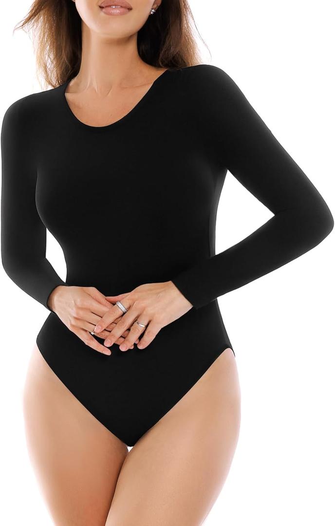 SINOPHANT Long Sleeve Bodysuits for Women Crew Round Neck Basic Stretchy Slim Fit Body Suit Tops L