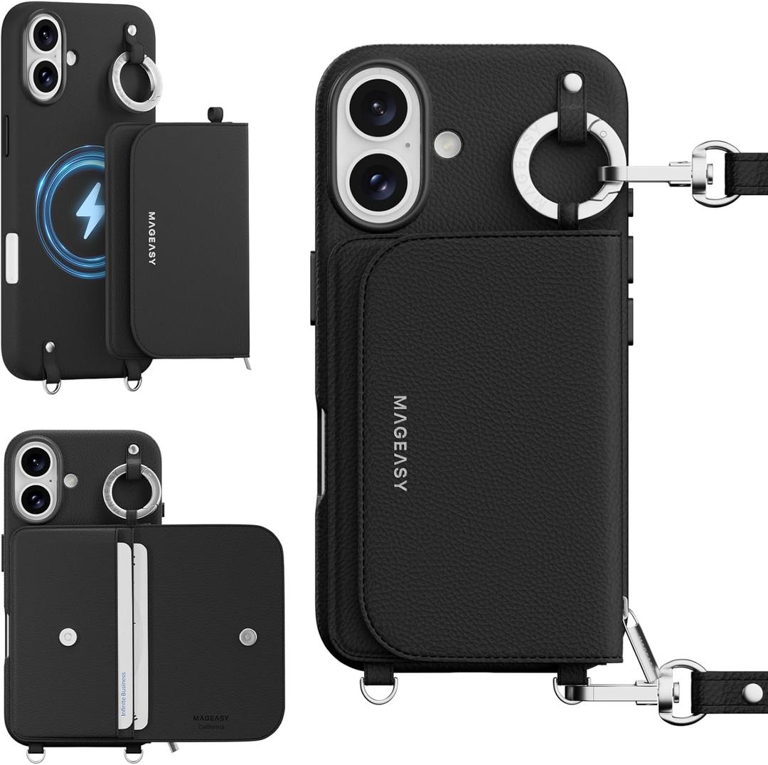 MAGEASY Case for iPhone 16 6.1" - Detachable Wallet Case with Crossbody Strap, 16ft Ultimate Drop Protection, [The Only Phone Case with Purse Compatible with MagSafe] | Pouch M Black