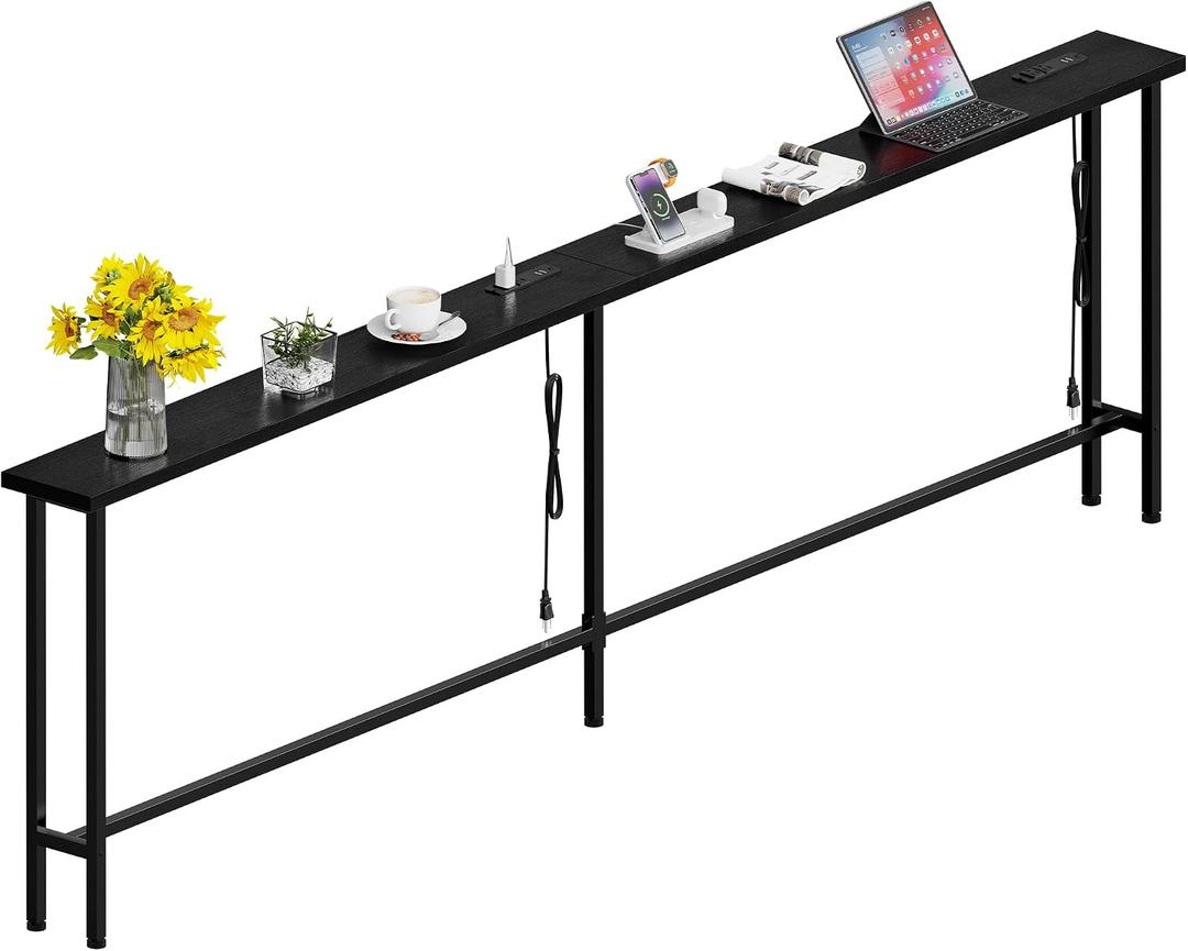 90" Sofa Table with Built-in Power Strip (4 AC Outlets & 4 USB Ports) – 4.9ft Power Cord, Metal Frame, Easy Assembly, Long Couch Table Behind Sofa, Living Room and Home Office | Black, 90in