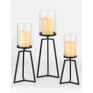 Sziqiqi Pillar Candle Holders Black: Set of 3 Metal Candleholder - Geometric Candle Stands with Hurricane Glass for Indoor Outdoor Dining Table Decor