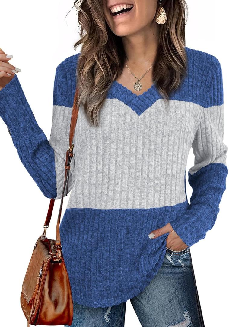 Womens Tops Fall Fashion Sweatshirts for Women V Neck Long Sleeve Sweaters Lightweight Dressy Casual Pullover (X-Large, Blue)
