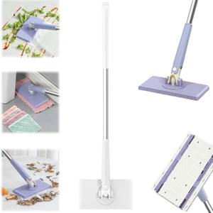 Automatic Cloth Changing Mini Mop, Hands-Free Mop Compatible with Face Towels, 360°Rotating Head with Portable Push-Pull Handle for Bathroom, Kitchen (White)