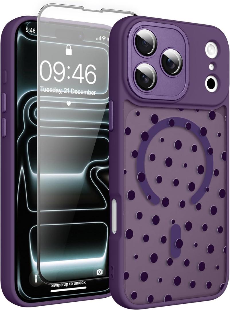 Magnetic for iPhone 17 Pro Max Case with Screen Protector [Compatible with MagSafe] Pretty Polka Dot Pattern Design, Shockproof Slim Cover for Women Girls, Dark Purple