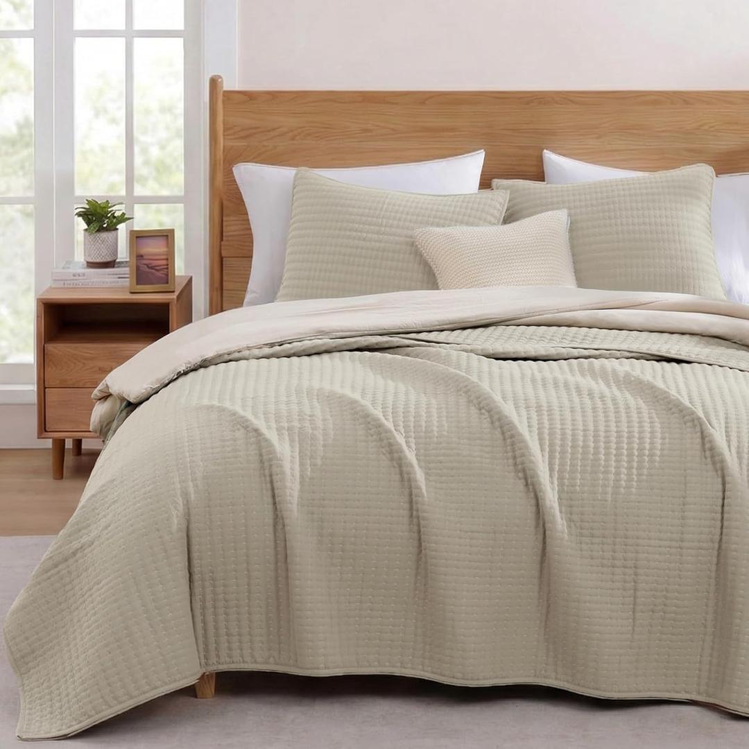 WRENSONGE Queen Quilt-3 Pieces Neutral Lightweight Bedspreads Light Oatmeal Queen Size Quilt Bedding Set for All Seasons, Soft Summer Coverlet with 2 Pillow Shams Suitable for Bed & Couch
