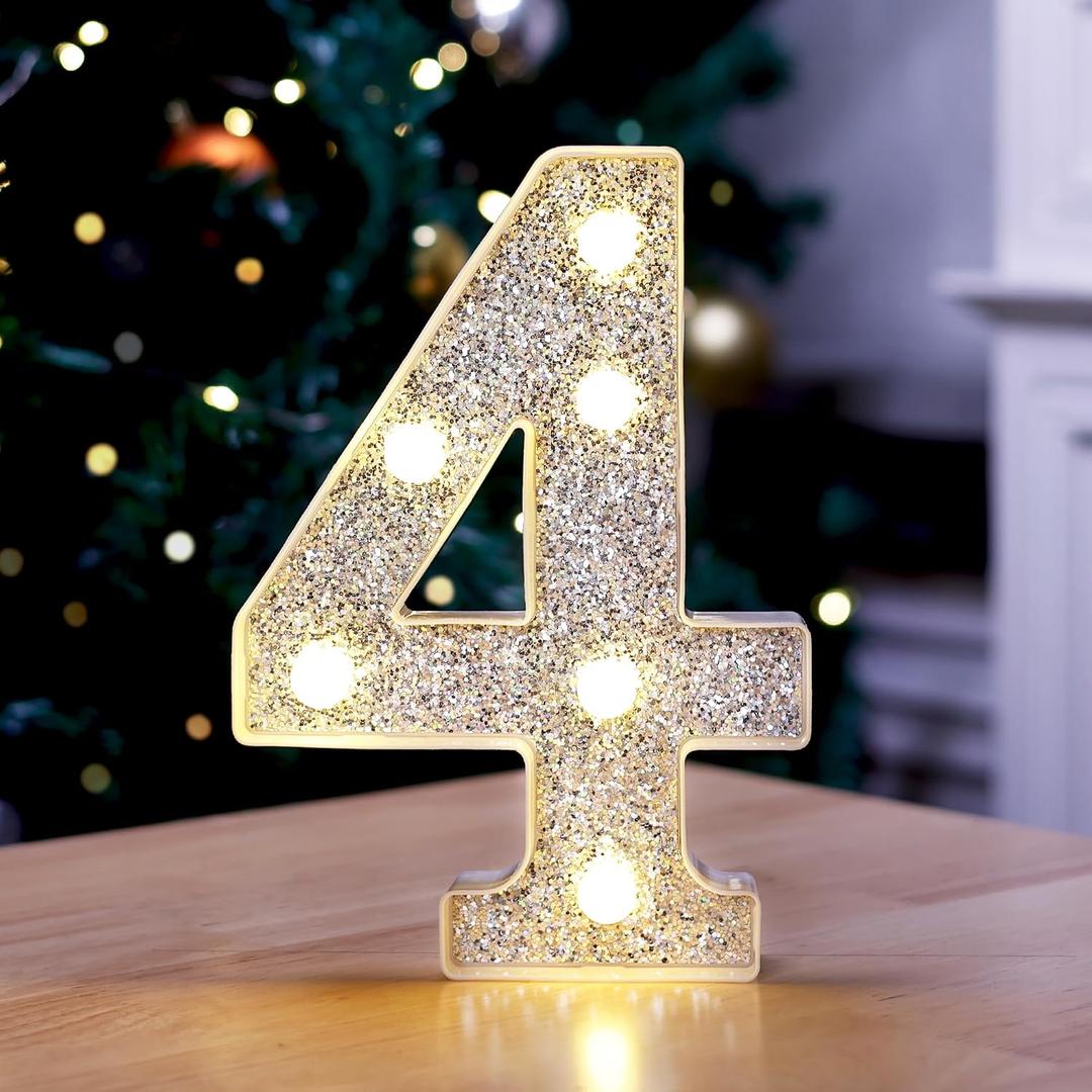 2 x Marquee Light Up Letters, Glitter Silver LED Letter Lights Battery Powered Alphabet Letter Sign for Night Light Wedding Birthday Party Cafe Bar Decoration Girls Room Decor - Number 4