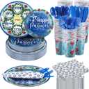 FillTouch 168 Pcs Passover Party Goods Supplies for 24 Guests, Include Paper Plates Cups Napkins Plastic Knives Forks Spoons Seder Tableware Set for Passover Family Party(Classic)