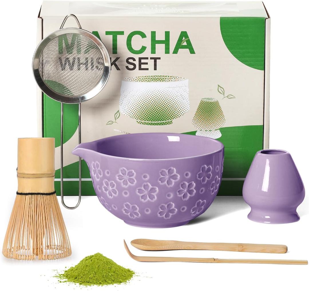 Matcha Whisk Tea Set Kit: Japanese Matcha Kit - Ceramic Bowl Bamboo Whisk Chasen Holder spoon Measuring Scoop Sifter - Traditional Practical for Tea Ceremony Breakfast Lattes - Home Kitchen Christmas (Purple)