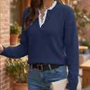 V Neck Sweaters for Women, Long Sleeve Lace Trim Knit Sweater Fall Casual Lightweight Pullover Top Navyblue
