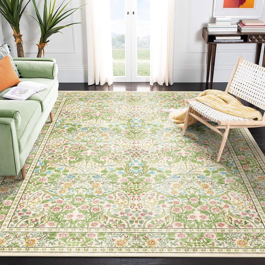 Floral 5x8 Living Room Area Rug - Light Green Soft Washable Boho Rugs for Bedroom Aesthetic Stain Resistant Floor Carpet Non Slip Vintage Botanical Rugs for Living Room Dining Room Home Office